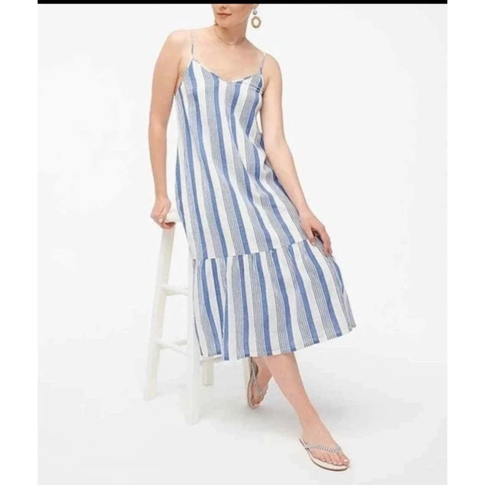 J.Crew‎ Dress Striped Lined cotton  pockets ruffle hem sz small